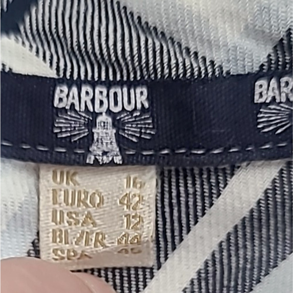 Barbour Fairway Shirt Tunic Women's 12 Blue Black White Plaid Pockets Button Up - Picture 7 of 8